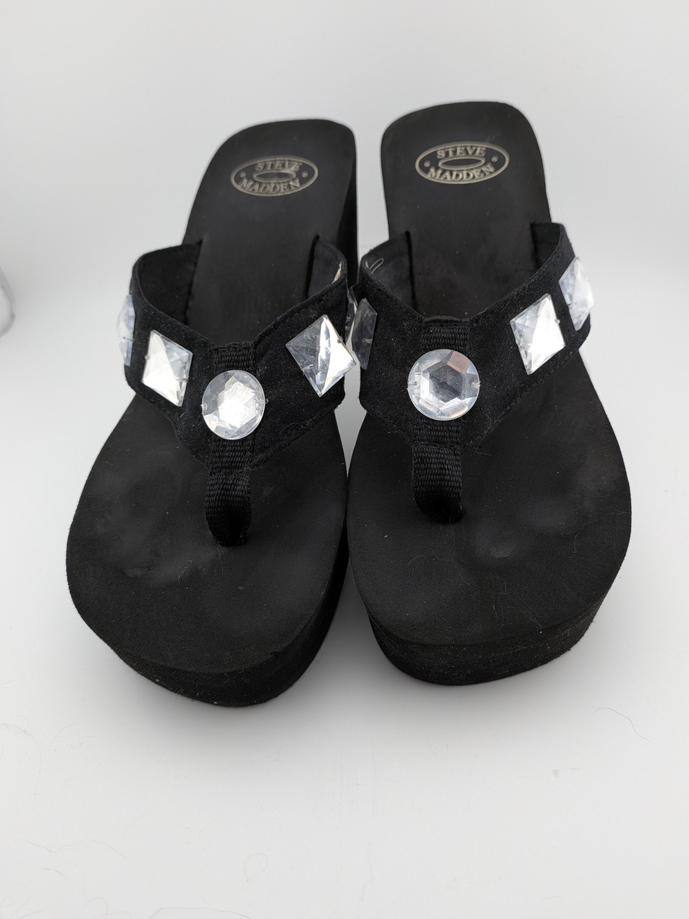 Steve Madden Black Platform Thong Sandals with Clear Gem Accents